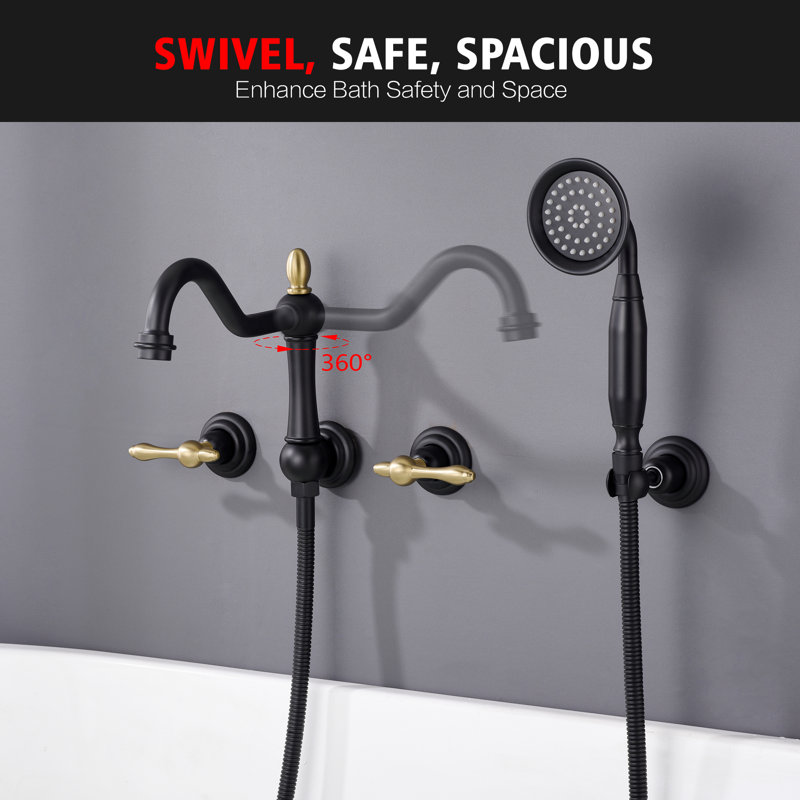 SUMERAIN Brushed Nickel Wall Mounted Bathtub Faucet, 4 Hole Tub Filler with Handheld Shower, 8 Inches Center High Flow