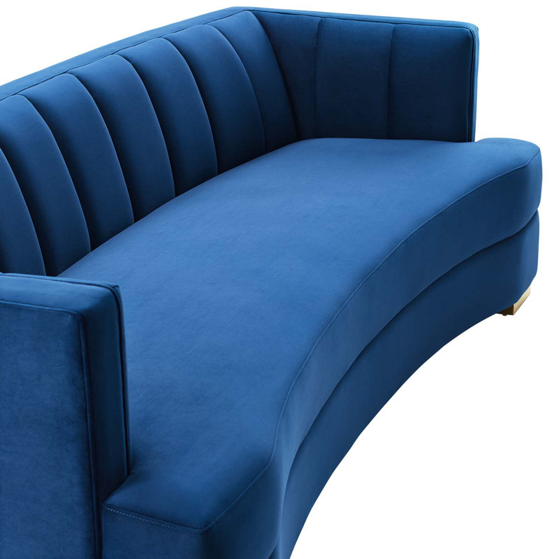 Navy Tufted Velvet Tuxedo Arm Sofa with Wood Legs