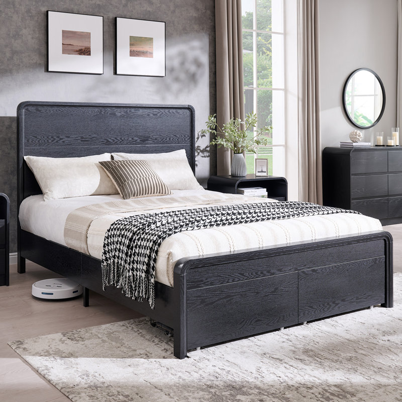  Maud Modern Queen Size Bed Frame with 50" Tall Headboard, Wood Platform Bed Frame with 18.86" Tall Curve Design Decoration Footboard & 2 Large Storage Drawers, No Box Spring Needed