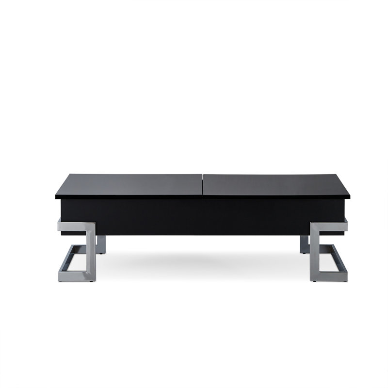 Élégante table basse noire ultra brillante avec fonction de levage et compartiments cachés