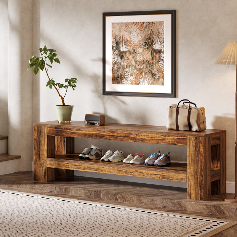 Banc de hall d'entrée en bois 59 "avec tablette de rangement, Brun