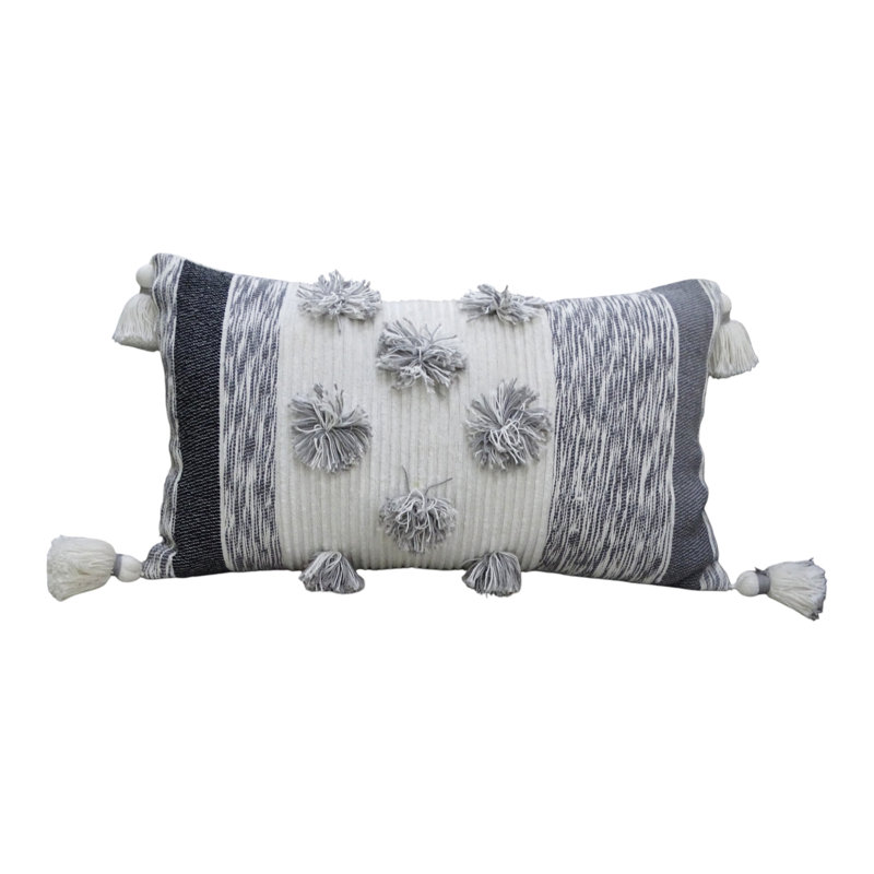 Coussin lombaire 14 po x 24 po à rayures blanches et grises en mélange de coton avec pompons et pompons