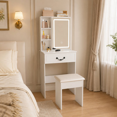 Coiffeuse de maquillage moderne avec miroir réglable à DEL avec tabouret rembourré, pour appartement et petit espace