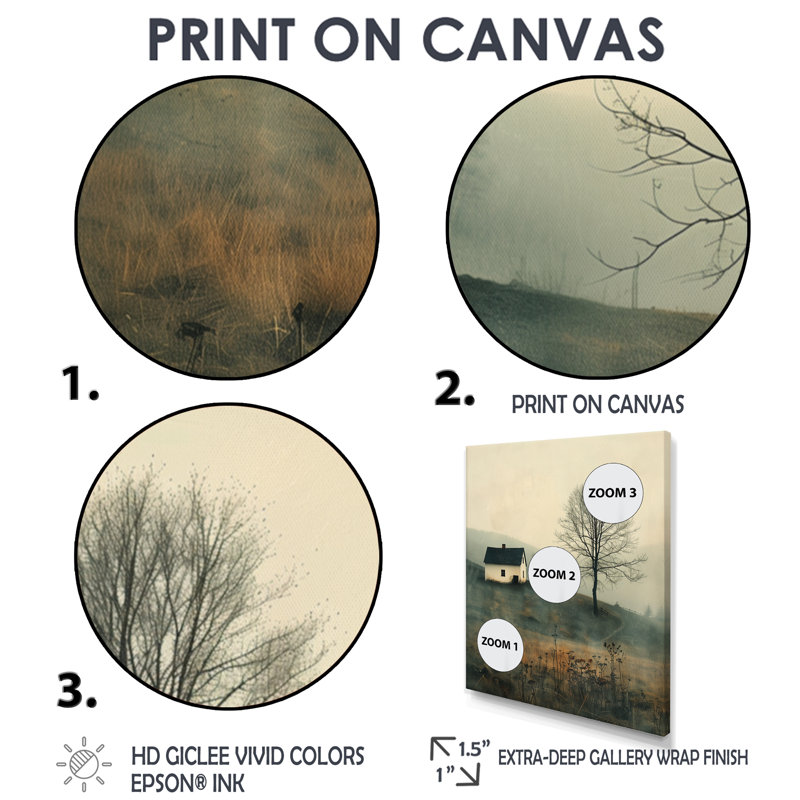 «White Grey Winter Country Charm Farmhouse - Farm», reproduction d'art murale, H 24 po x l 32 po, Cadre argenté flottant