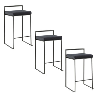 26" Contemporary Stackable Counter Stool In Black Metal With Black Velvet Cushion  - Set Of 3