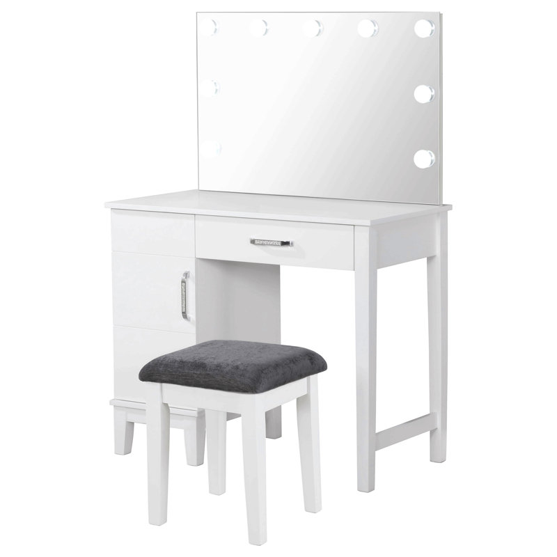 Ensemble coiffeuse Elijah blanc et gris foncé avec éclairage et tabouret