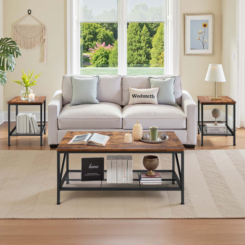 3 Pieces Living Room Table Sets, 41.3 in Industrial Coffee Table with 2 Square End Side Tables, Easy Assembly Coffee and End Tables Sets with Metal Legs, for Office, Living Room & Apartment