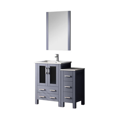 36 po Large meuble-lavabo gris foncé avec armoire latérale doublée de plastique, robinet inclus, comptoir en céramique blanche et comptoir haut à 22 miroirs, suspendu au mur