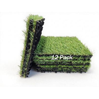 12x12 Green Fake Grass Mats, Synthetic Turf Tiles for Golf Party Table Runner, Patio Flooring & Wall Decorations