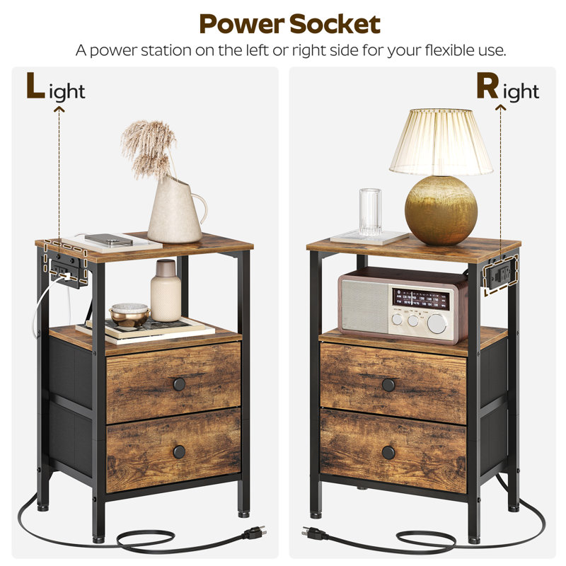 23.4"H End Table with Charging Station and 2 Non-woven Fabric Drawers, Brown