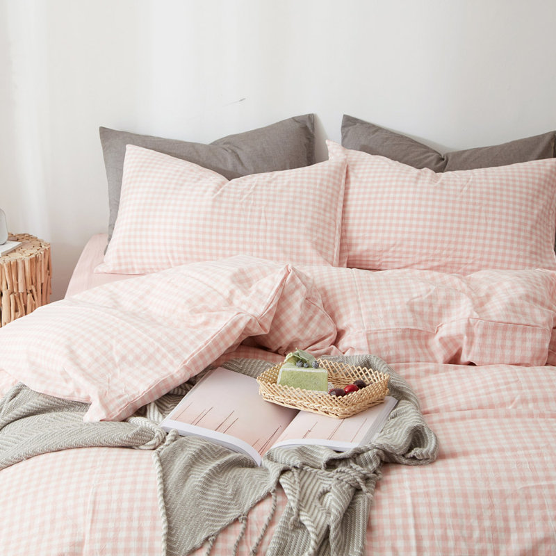 Washed Cotton Checkered Pattern Duvet Cover Set, Queen Duvet Cover + 2 Standard Pillowcases, Light Pink
