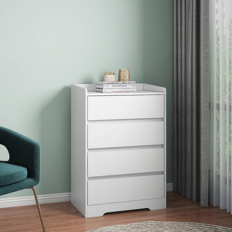 Commode 4 tiroirs, commode sans poignée, commode blanche pour chambre à coucher 100% imperméable