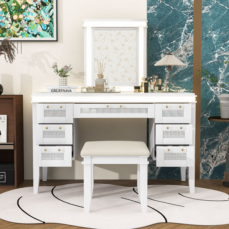 Vanity Desk with Mirror, Lights, Drawers and Cushioned Stool, Light Beige