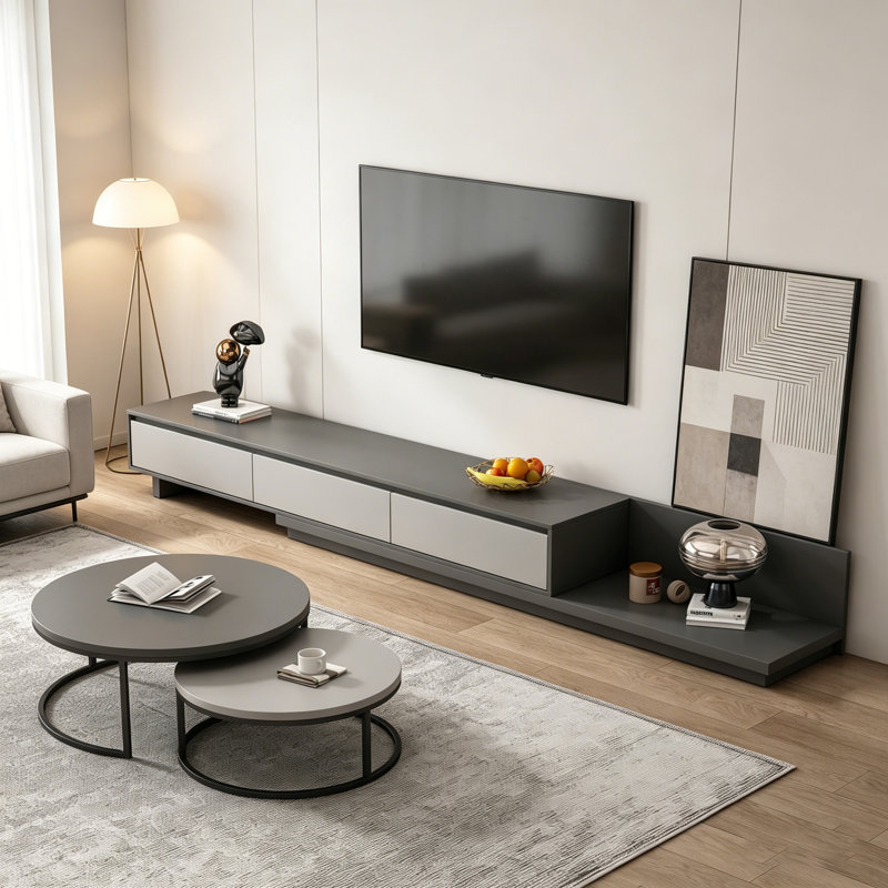 Extendable Tv Stand With 3 Drawers + Nesting Coffee Tables Set Of 2, Length Adjustable 200-330cm (78.7-130 Inch) For Tv Over 75 Inch, Space Saving Media Console & Round Side Tables For Living Room, Apartment, Bedroom
