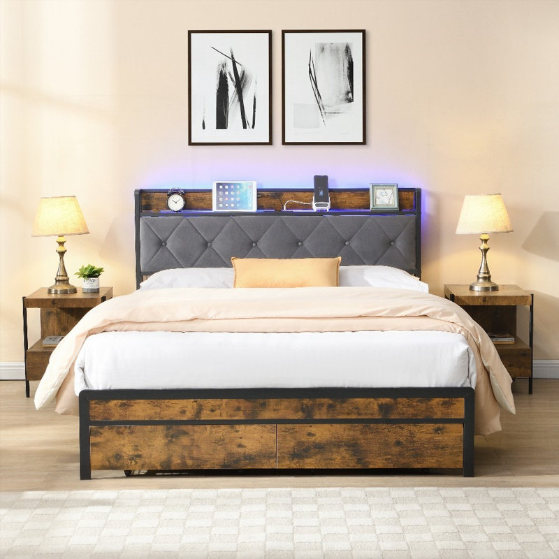 Cadre de grand lit avec rangement Lumières DEL, tête de lit tapissier et amp; 2 tiroirs, aucun sommier requis, assemblage facile, robuste et amp; Durable, gris