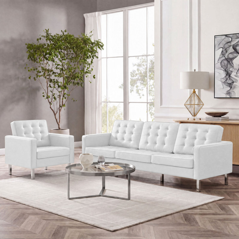 Ensemble de canapé et fauteuil capitonné Loft, Simili cuir blanc