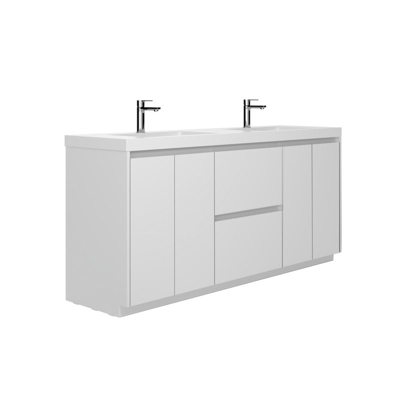 Grand meuble-lavabo autoportant de 71 po avec plateau intégré Angela, Blanc
