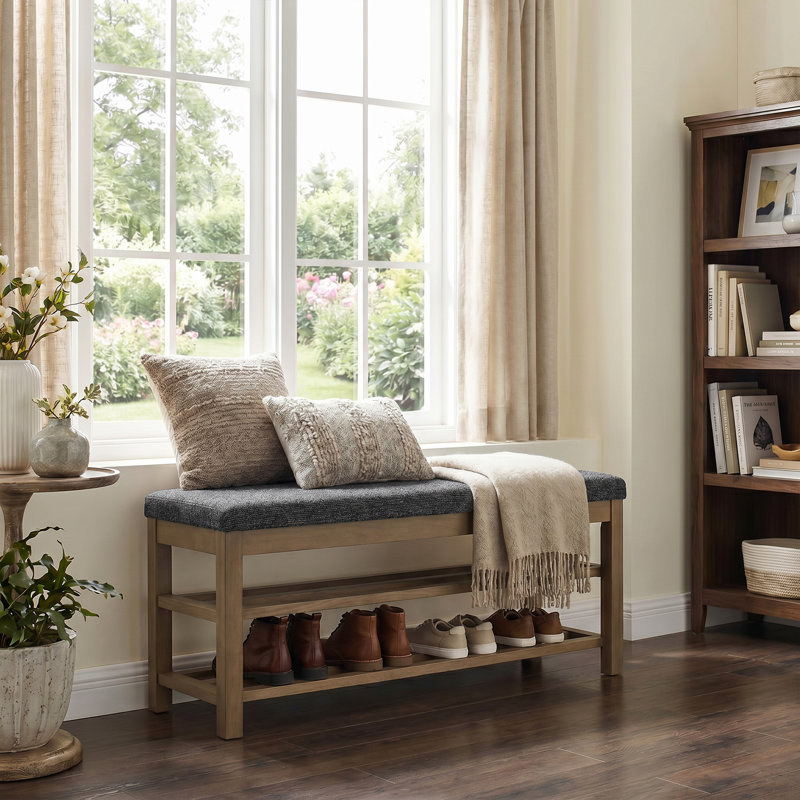 Upholstered Storage Bench with 2-Tier Shoe Rack, Black