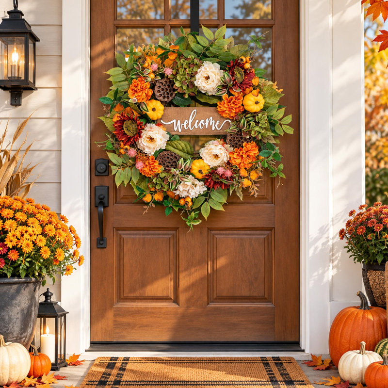 Couronne florale d'automne de 61 cm avec panneau de bienvenue pour porte d'entrée