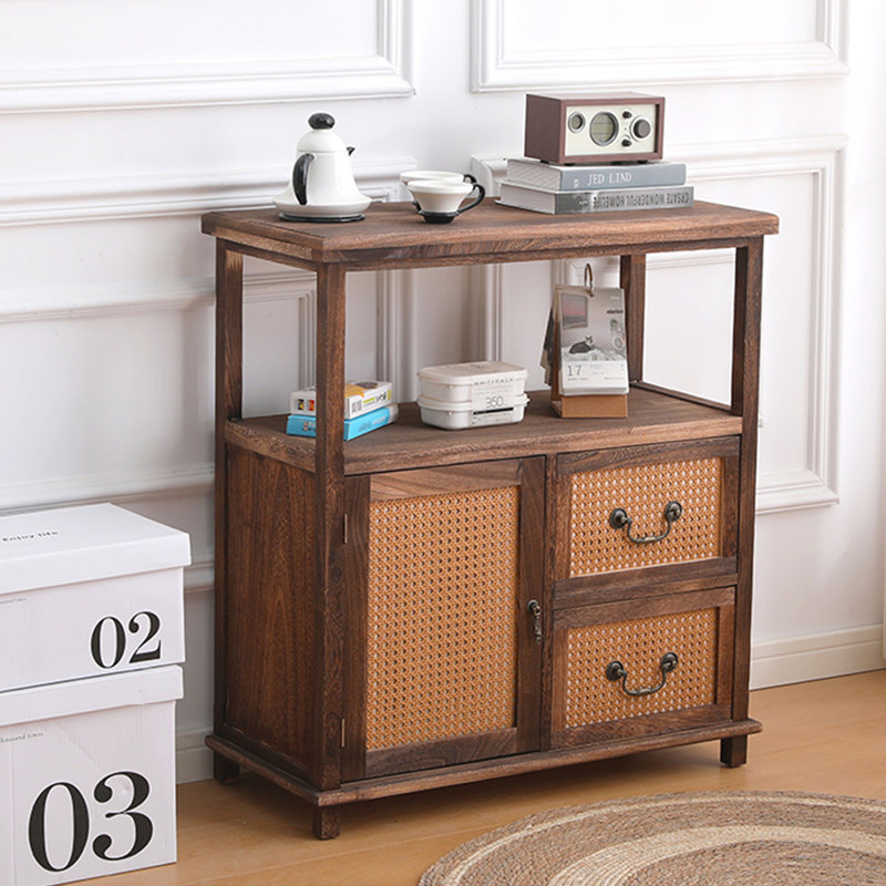 Buffet en bois massif brun et rotin, Brun