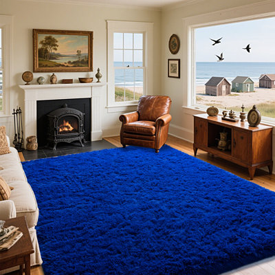 Grand tapis pour le salon, tapis 8 x 10, tapis moelleux à poils longs pour la chambre à coucher, tapis décoratif bleu, antidérapant