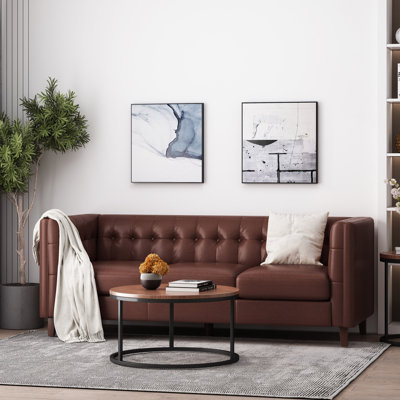 Christopher Knight Home Mirod Comfy 3-Seat Sofa With Tufted Backrest, Modern Design For Living Room Comfort, Featuring PU Upholstery And Wooden Legs