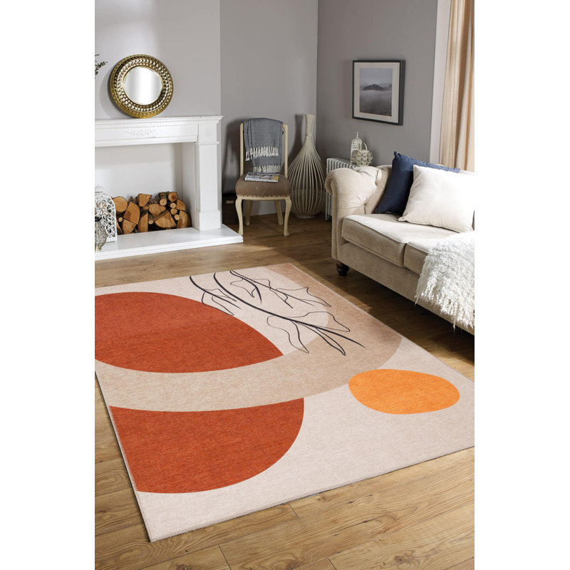 Tapis décoratif à motif géométrique orange et beige, Rectangle 8 pi 3 po x 11 pi 6 po
