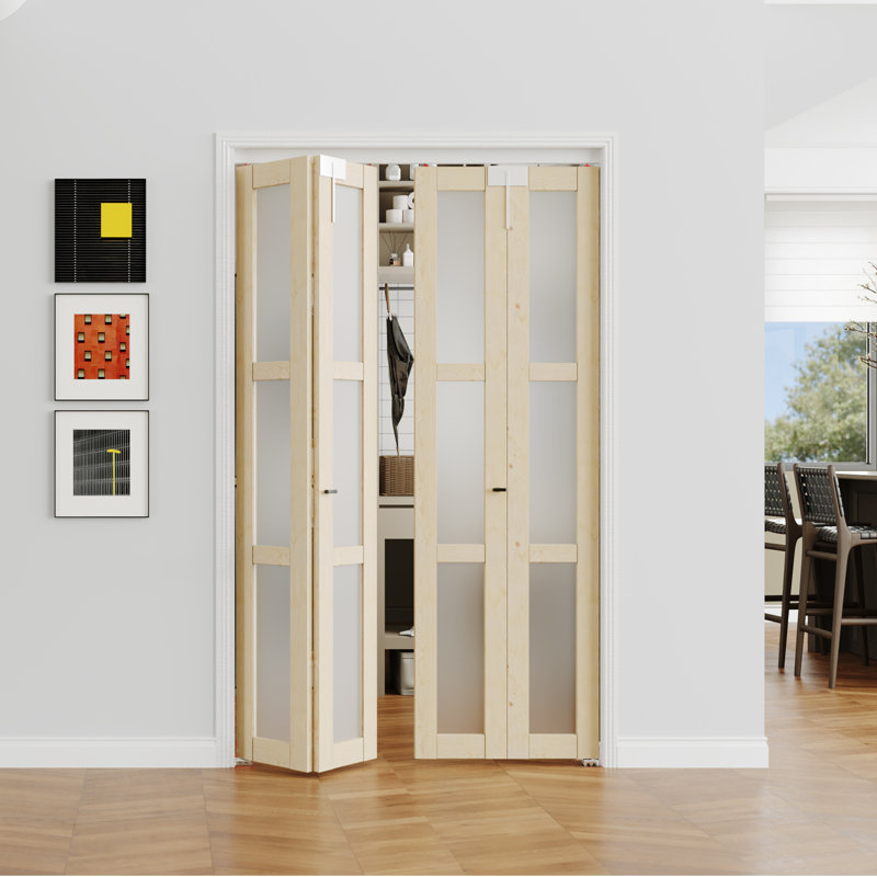 Porte pliante intérieure en pin givré 3 pièces avec quincaillerie, serrure de porte et deux poignées de couleur