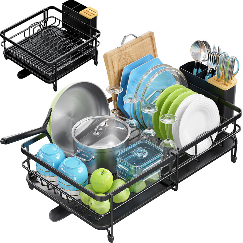Dish Drainer Rack Kitchen - Adjustable Dish Rack, Foldable Dish Drying Rack with Removable Cutlery Holder Swivel Drainage Spout, Anti-Rust Plate Rack