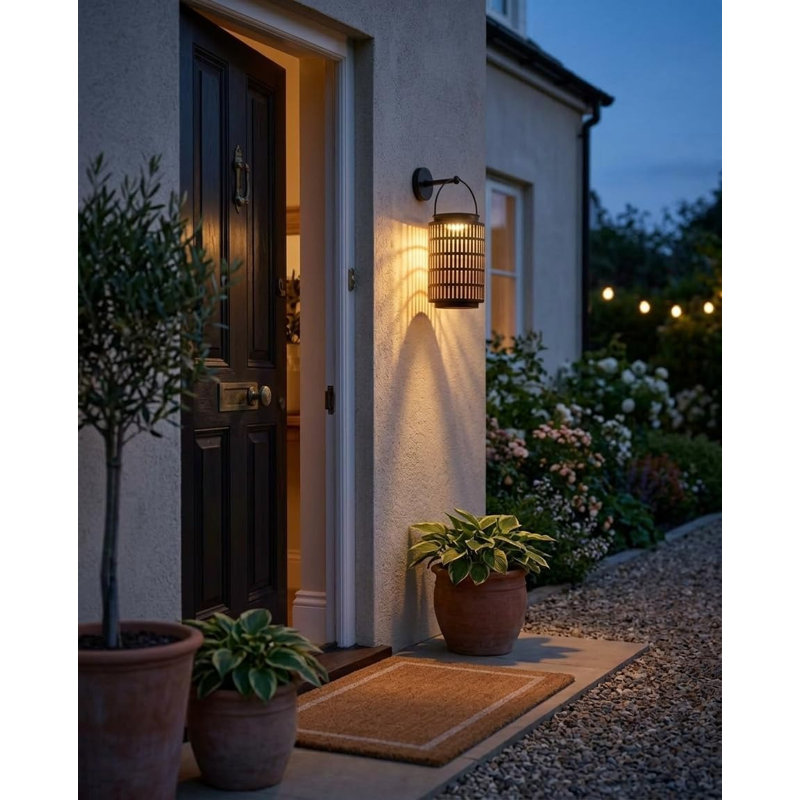 Lanterne d'extérieur à énergie solaire, 8 po, imperméable, suspendue ou murale, lueur chaude, cage en métal brun