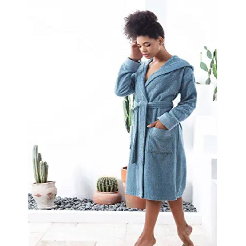 Peignoir 100% coton en ratine avec poches et capuche, Bleu, XL