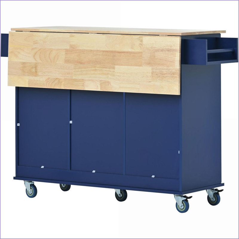 Kitchen Island with Drop Leaf, Solid Wood Top | Locking Wheels, Storage | Navy Blue, MDF | 52.7in, Blue