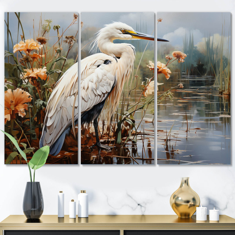 «White Peach Heron Herons Haven», reproduction sur toile 3 pièces, H 40 po x l 60 po x P 1 po