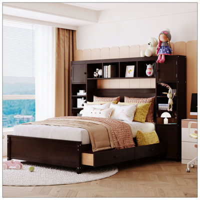 Lit double en bois avec armoire et tablette tout-en-un