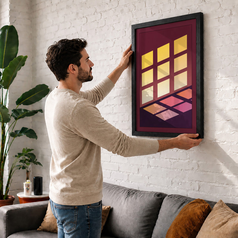 Illuminated Windows At Dusk Geometric - Print, A2 - 59.4 x 42.0 cm, Oak