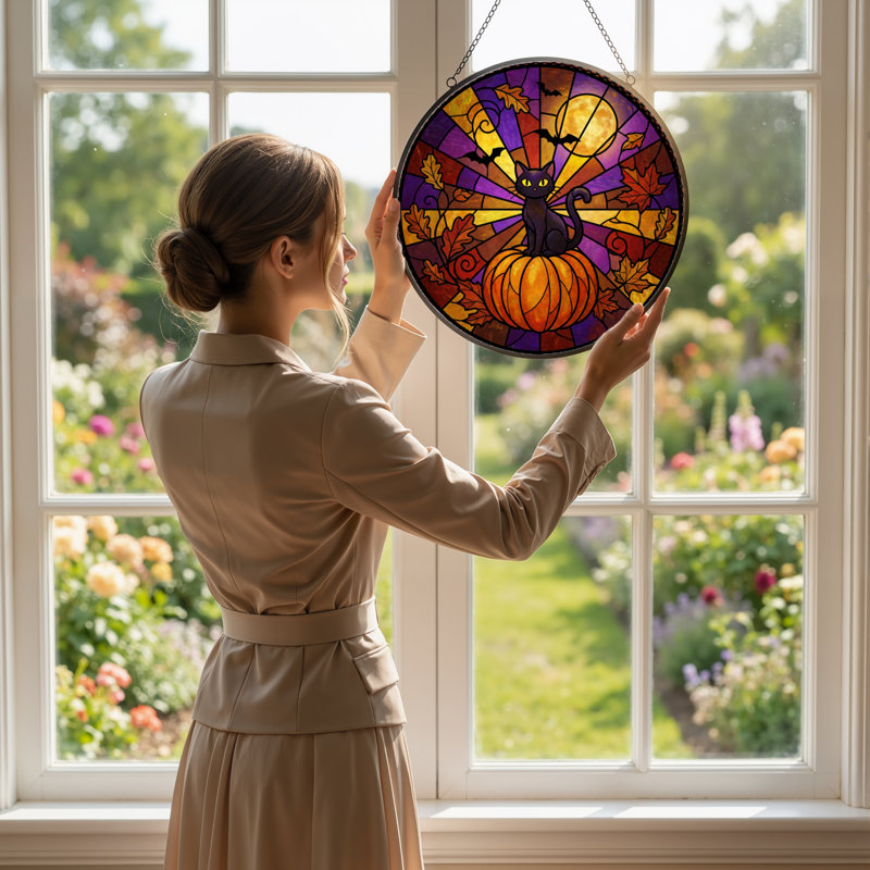 Panneau de vitrail en verre coloré 12 "H Halloween