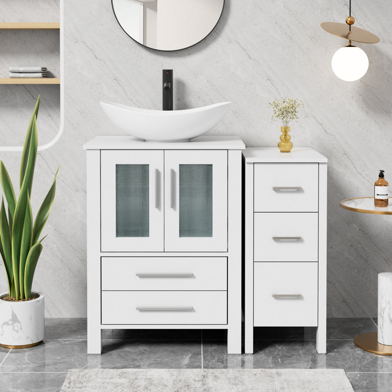 Sharee 36" Single Bathroom Vanity With Vessel Sink, Manufactured Wood Top, Faucet And Drain, White