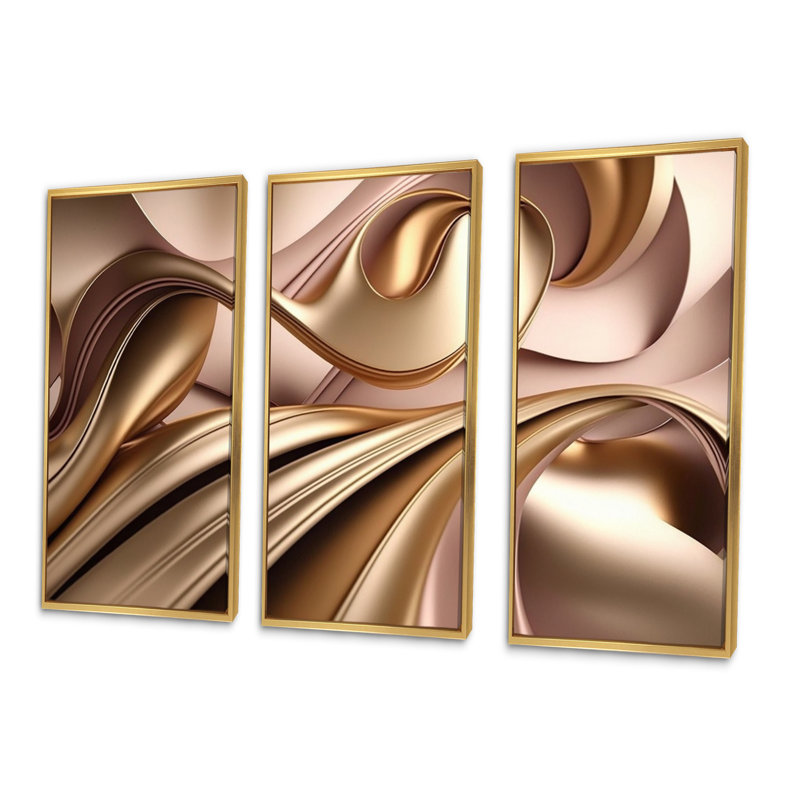 Or liquide lisse dans de douces nuances d'or et taupe IV - 3 pièces sur toile, H 28 po x l 36 po x P 1 po