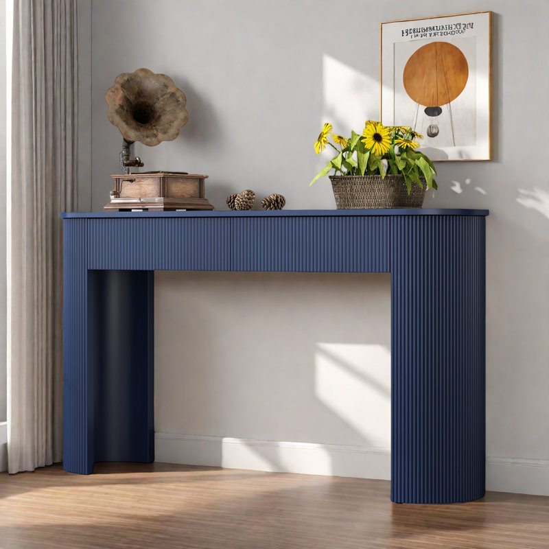 Modern Console Table With Oval Top, 2 Drawers And Fluted Design, Navy