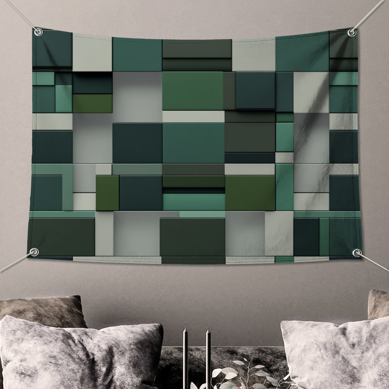 Tapisserie murale blocs géométriques verts - décoration murale abstraite, 50in H x60in W with 4 Grommets