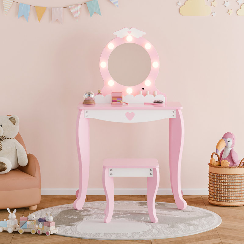 Kids Vanity with Stool and LED Mirror, Pink