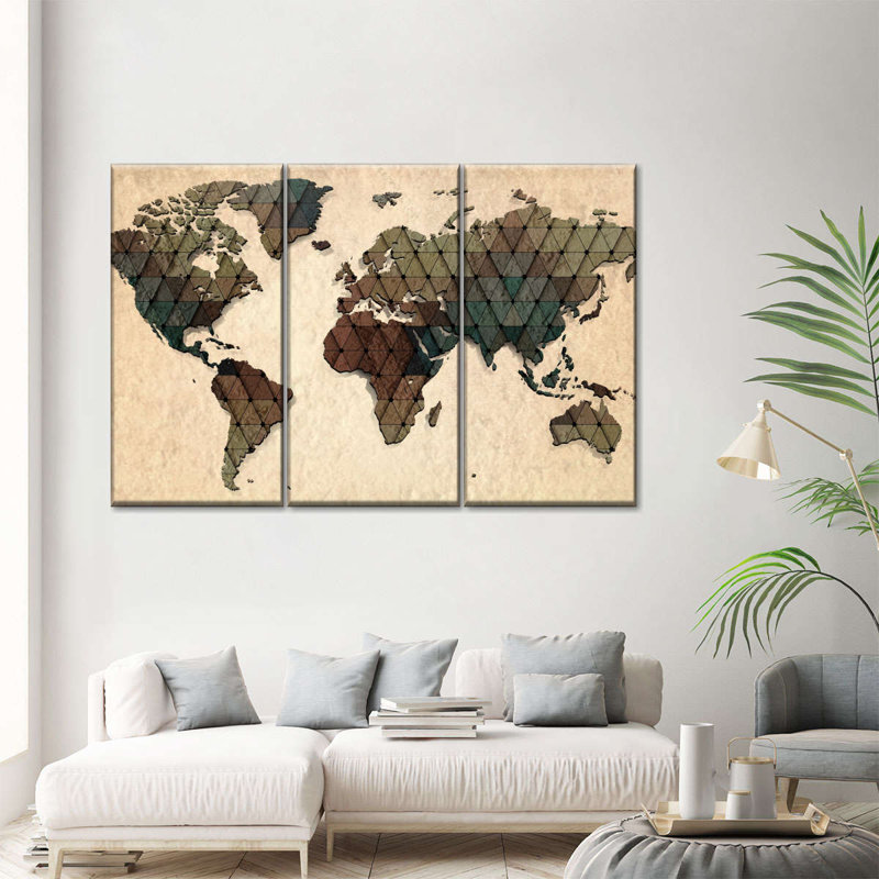 " Unique World Map " by Tess P 3 - Pieces, 24" H x 38" W x 1.25" D