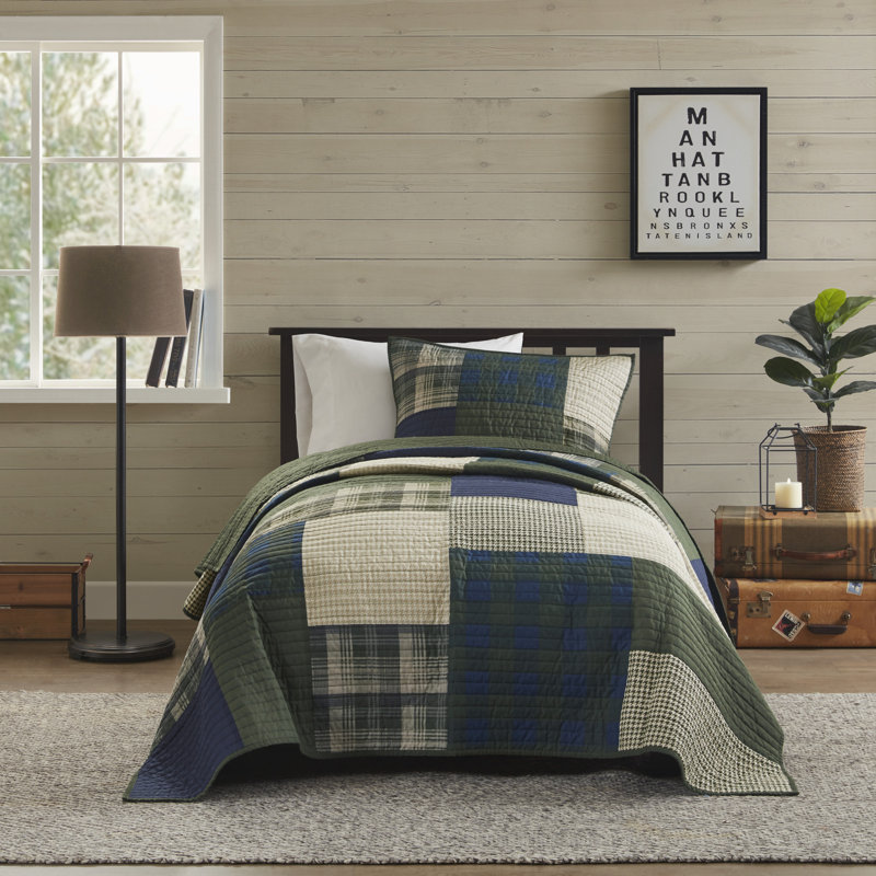 Navy and Green Cotton Patchwork Twin Quilt Set