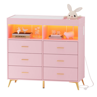 6 Drawer Convertible Baby Changing Table Dresser with Removable Changing Top, Built-in LED Lights & Charging Outlet, Anti-Tip Non-Toxic MDF Nursery Storage Cabinet