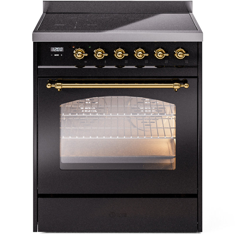 ILVE Nostalgie II Series 30 inch Induction Range with 4 Induction Elements (Glass Door), Glossy Black/Brass