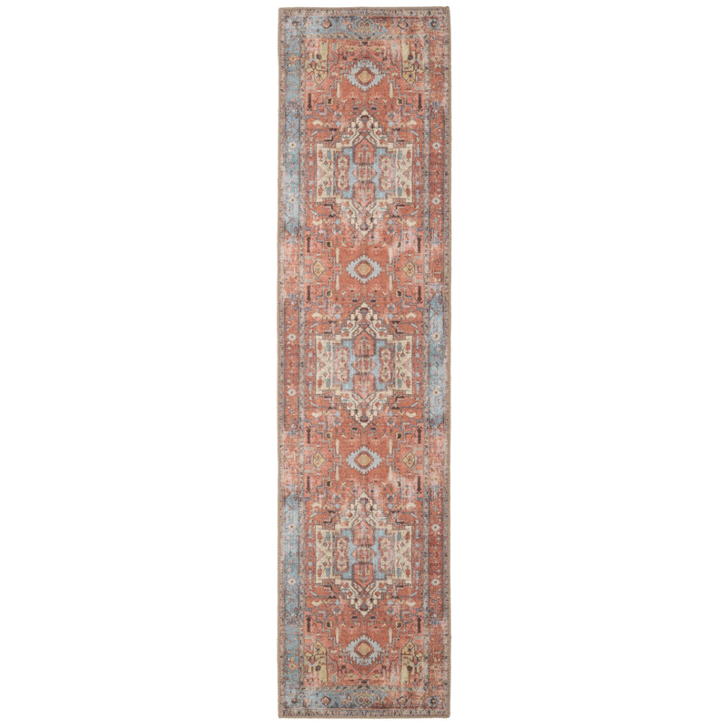 Machine Washable Terracotta Traditional Tribal Patterned Distressed Living Room Area Rug, Runner 60 x 240 cm
