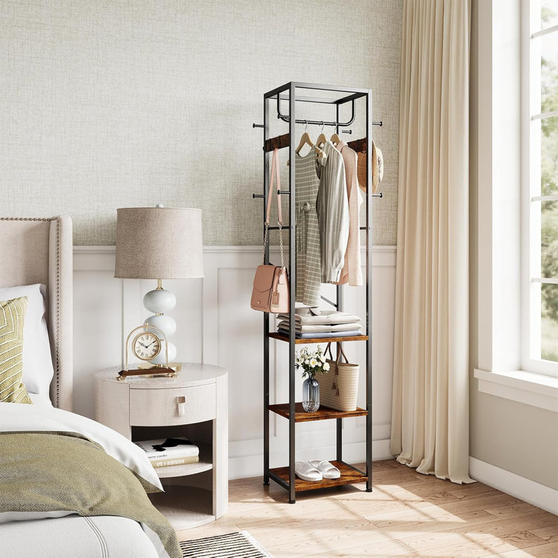 Independent Coat Rack, Hall Tree, With 3 Storage Racks And 12 Hooks, Brown