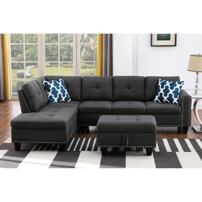 98" Wide Chaise , Dark Gray Linen Blend, Foam Padding, Wood Frame, Modern Style Legs, Rounded Arms, Nailhead Trim, Back With Subtle Tufting Left Hand Facing & , Wide, Linen, Filled Cushions, Dowel ,