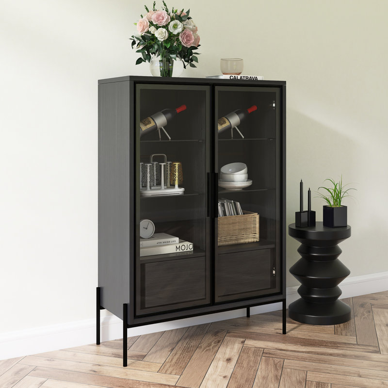 51.2'' Tall Lighted Display Cabinet With Tempered Glass Door, Metal Legs, Black