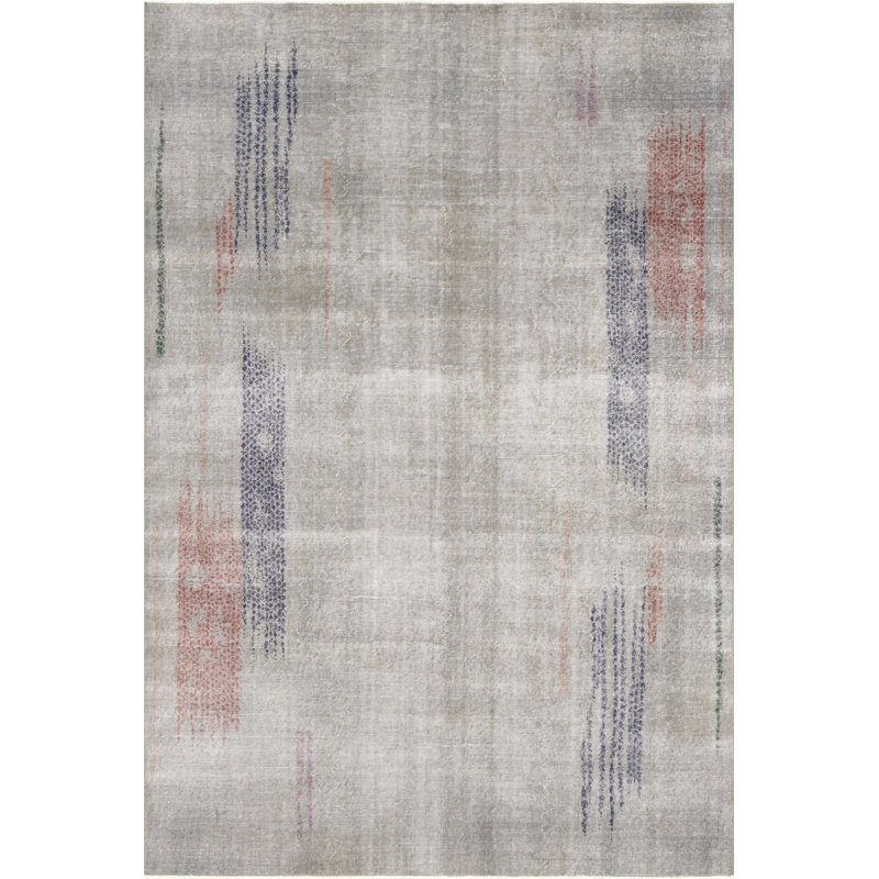 Tapis gris / bleu marine en laine noué à la main de conception unique 6 pi 9 po x 9 pi 11 po années 1960